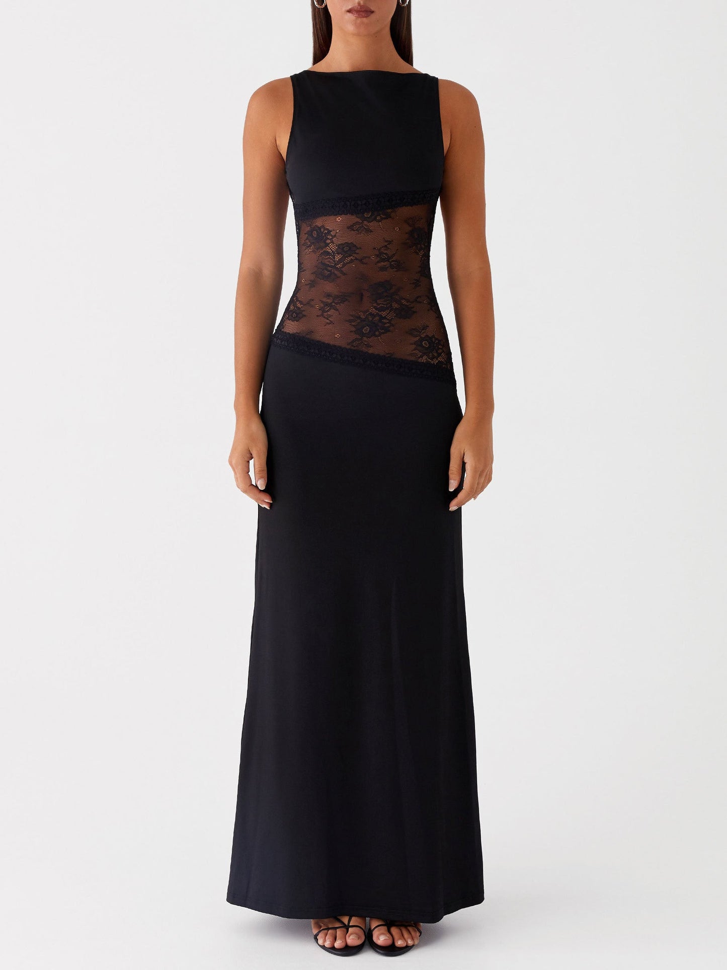 Elegant Sleeveless Boat Neck Black Lace Maxi Dress Black