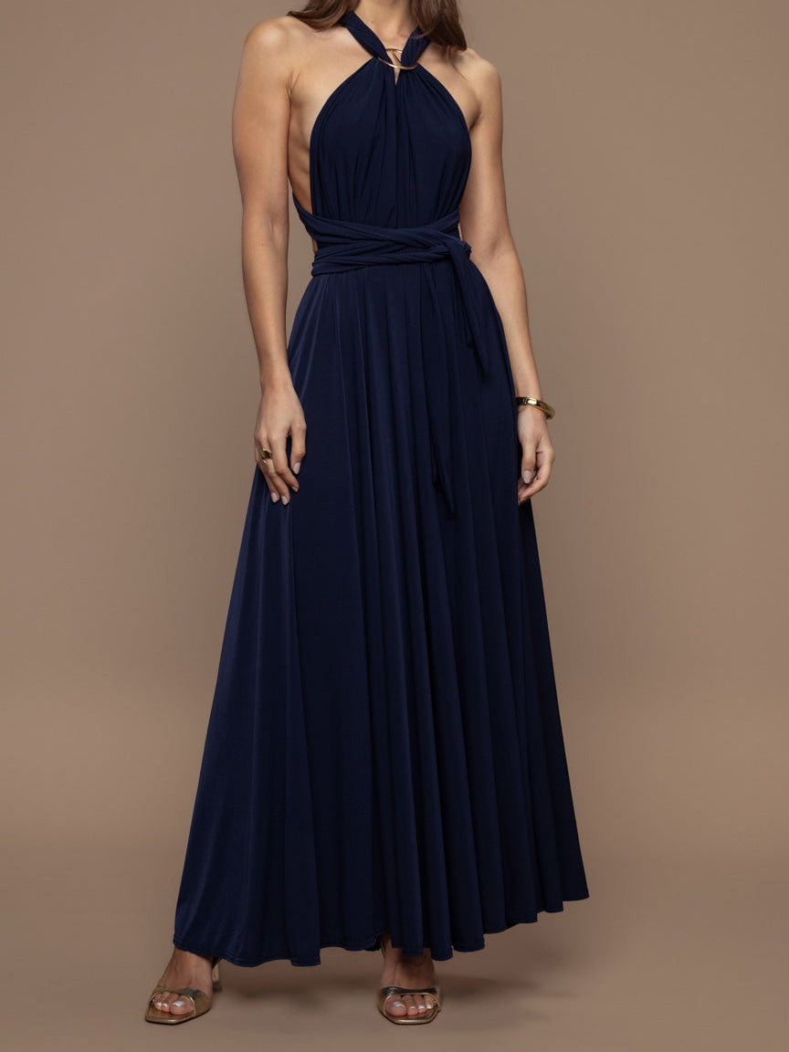 Elegant Halter Neck Draped Tie-Waist Maxi Dress Dark Blue