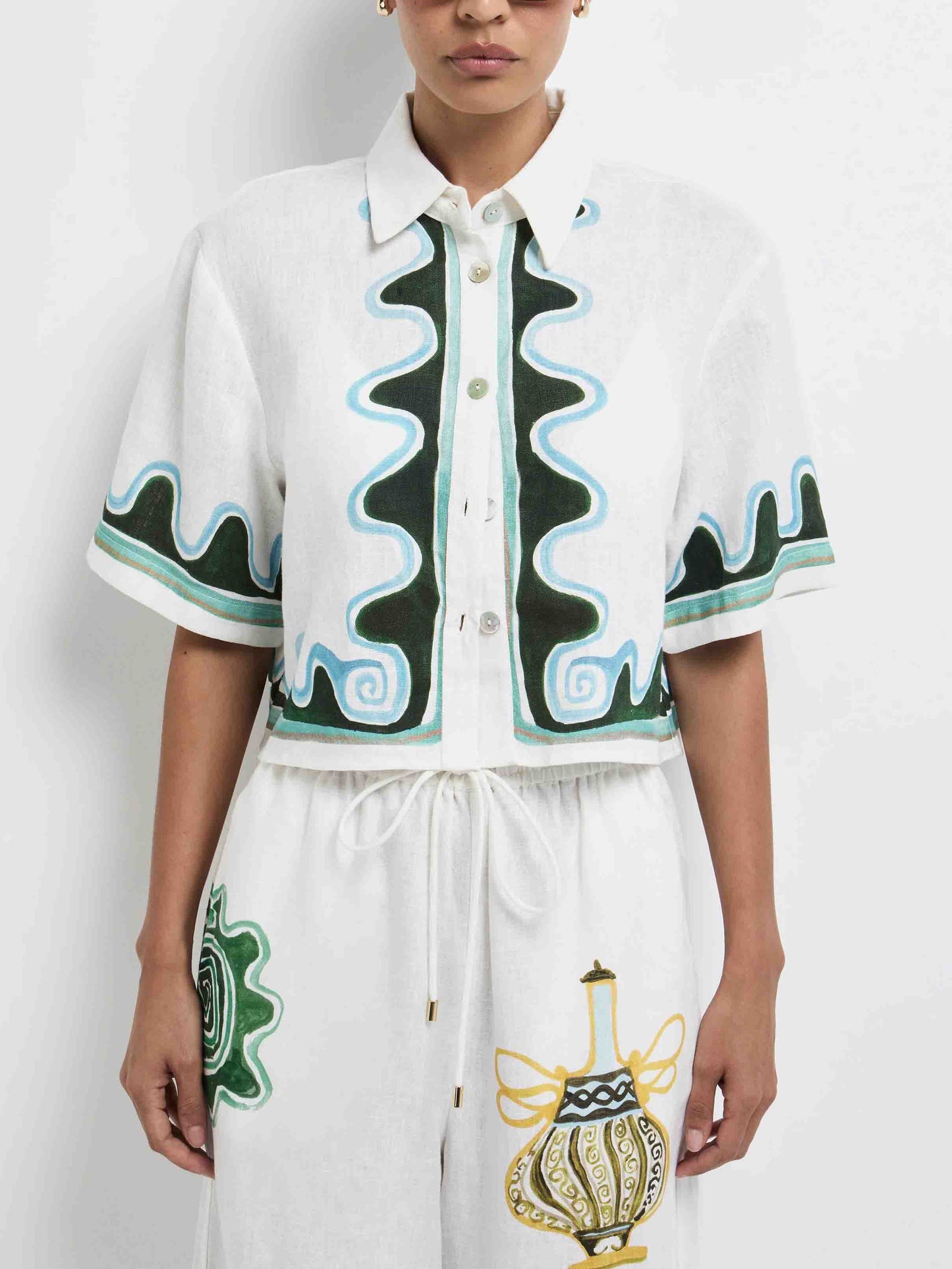 Exquisite Printed Elastic Waist Wide-Leg Pants White Top