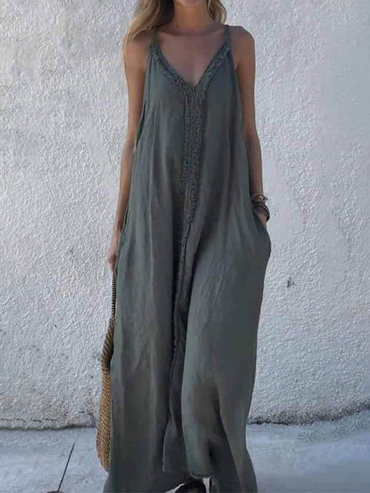 Modern Unique Lace Decoration V-Neck Suspender Maxi Dress
