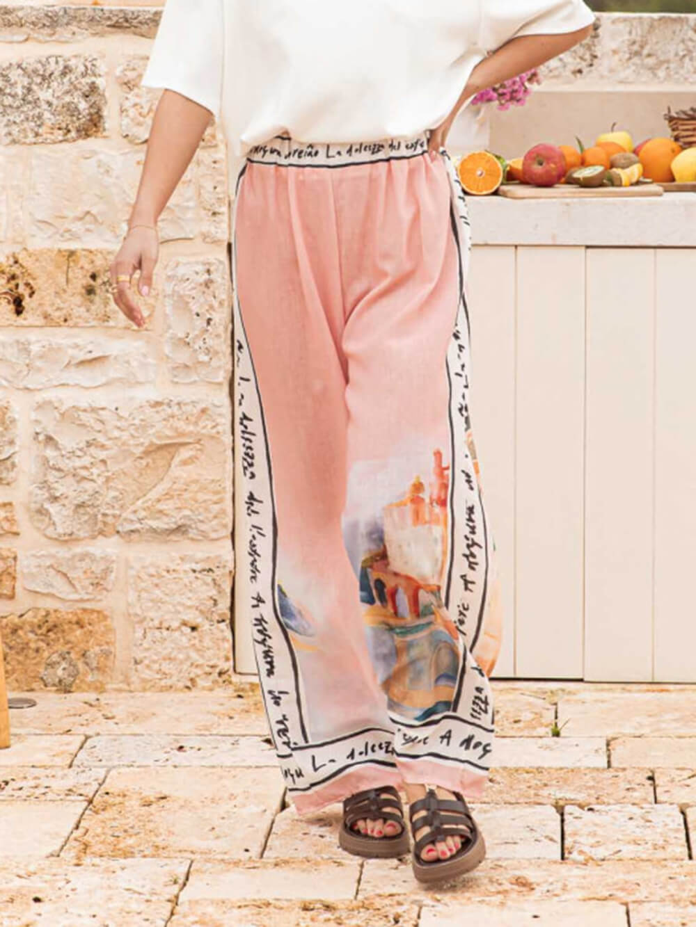 Unique Casual Printed Elastic Waist Wide Leg Pants Multicolor