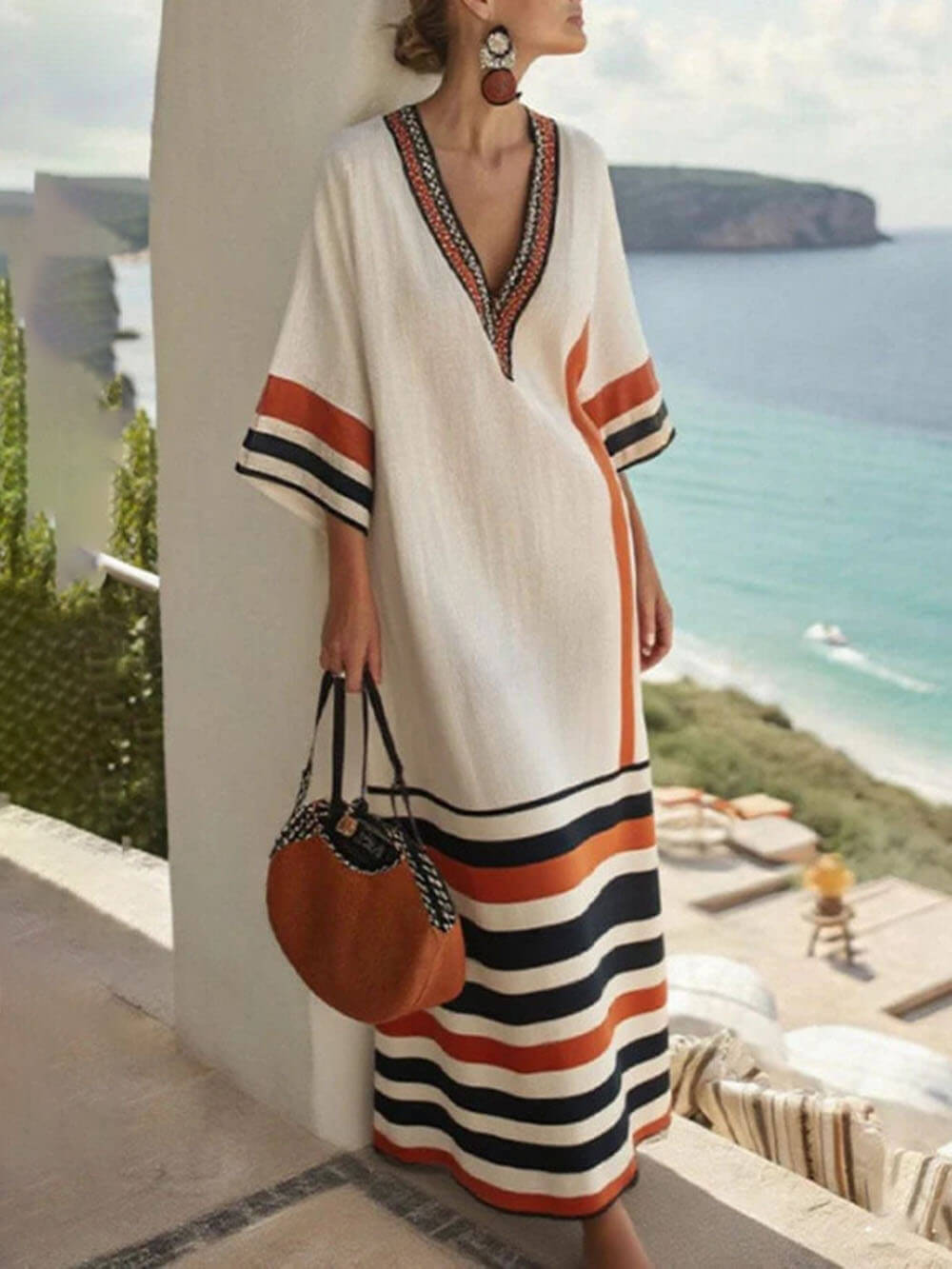 Bohemian Striped Print Patchwork Off-Shoulder Kimono Maxi Dress Apricot
