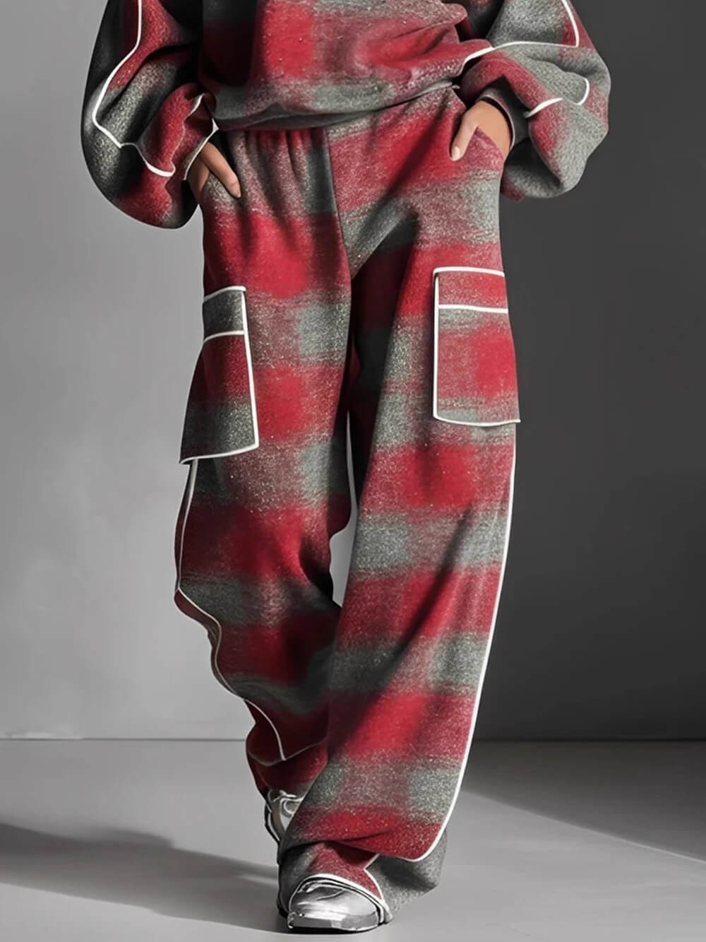 Fashion Street-Style Red And Gray Plaid Color-Block Wide-Leg Pants Red Gray