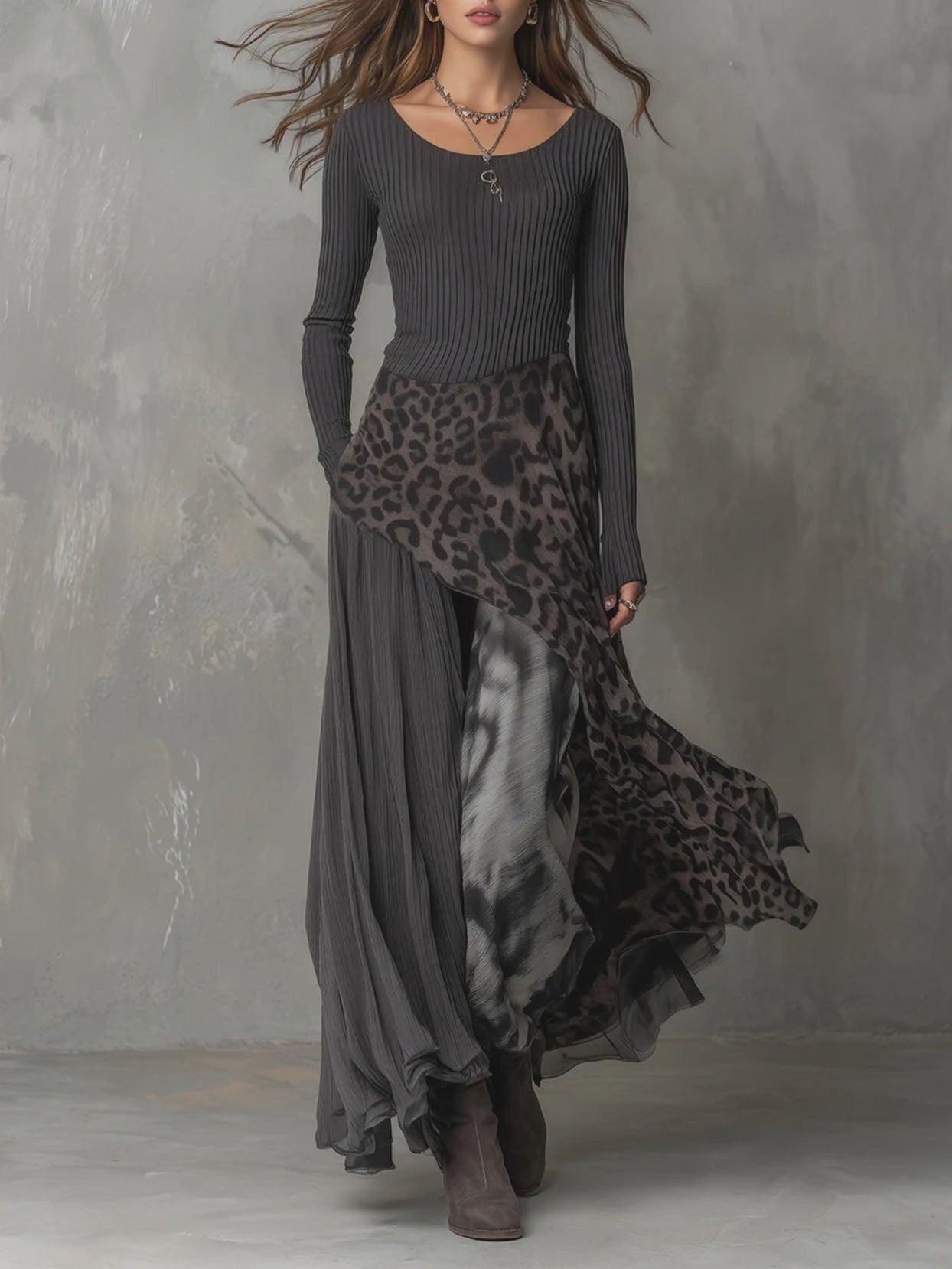 Casual Leopard Print Patchwork Irregular Hem Maxi Dress Grey