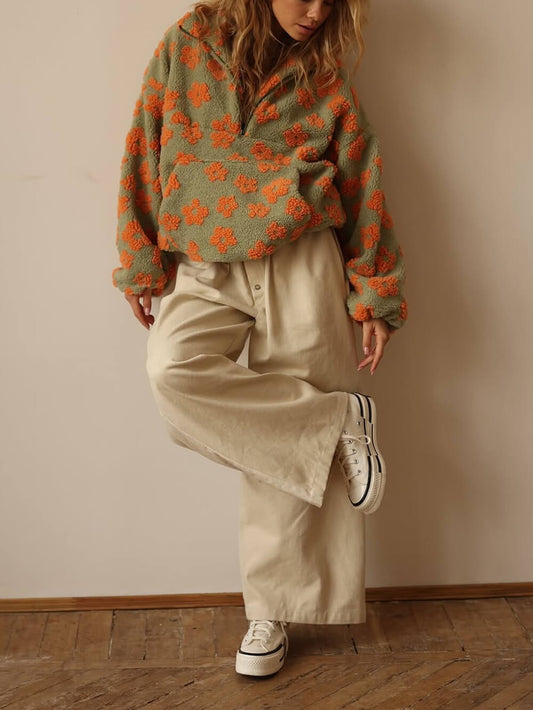 Fashion Printed Faux Shearling Zip-Up Sweatshirt