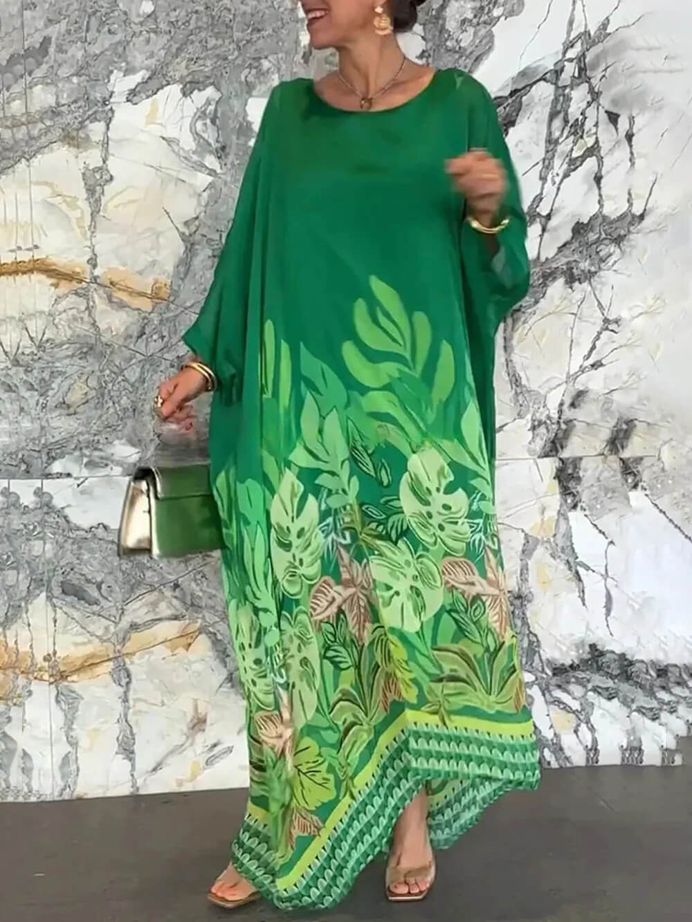 Vacation Plant Print Batwing Sleeve Kaftan Oversized Maxi Dress Green