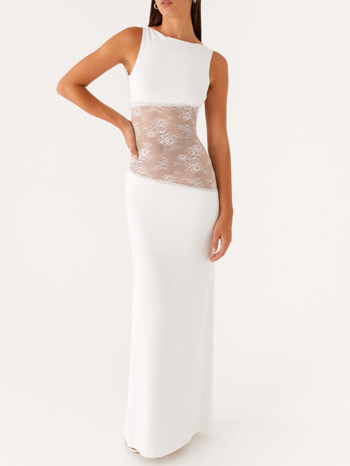 Elegant Sleeveless Boat Neck Black Lace Maxi Dress White