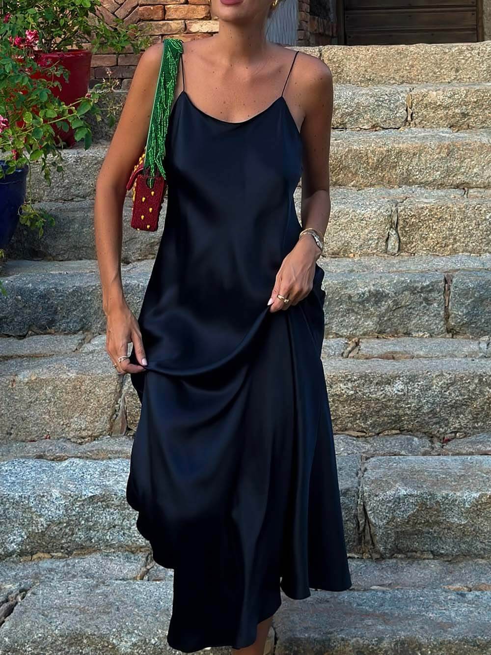Casual Satin Backless Cami Maxi Dress Black