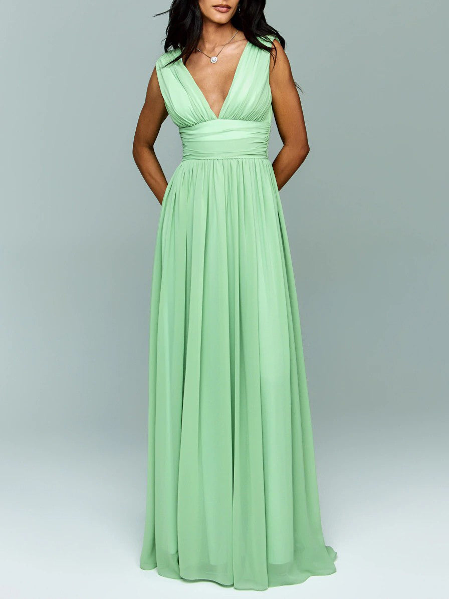Elegant Chiffon Backless Ruched Maxi Dress Green