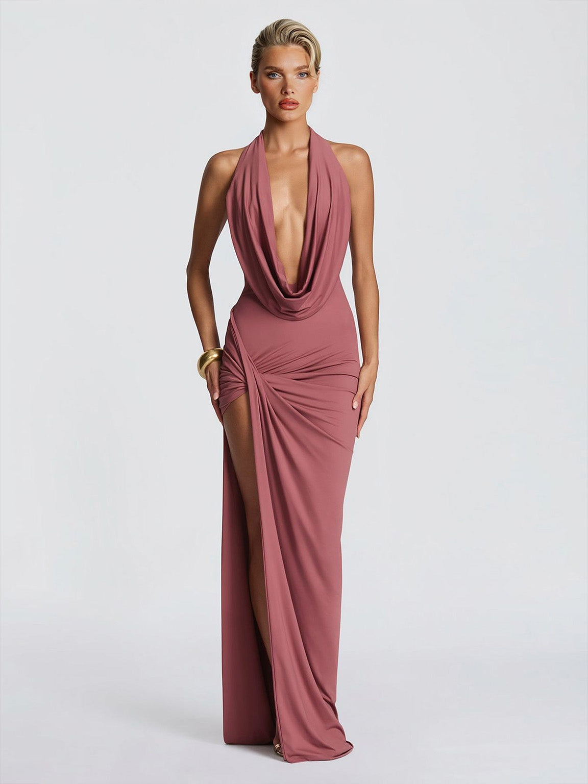 Sexy Sleeveless Ruched High-Slit Maxi Dress Pink