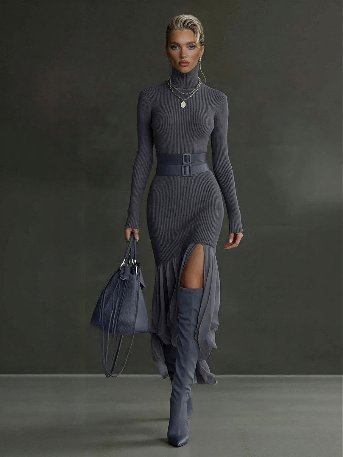 Elegant Gray Asymmetrical Ruffled Knit Midi Dress Grey