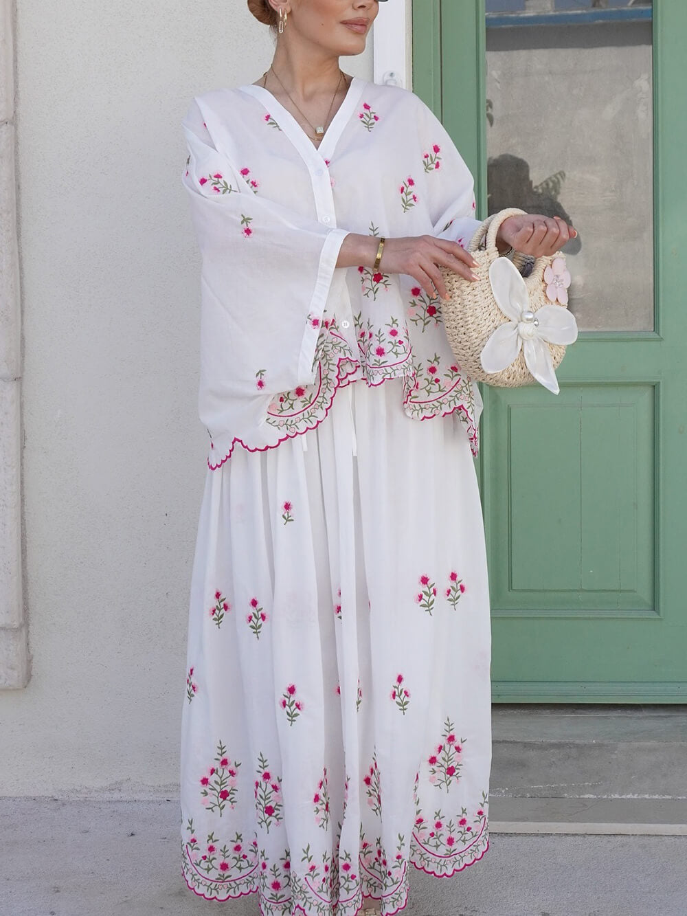 Delicate Floral Embroidered Ruffle With Elastic Waist Midi Skirt