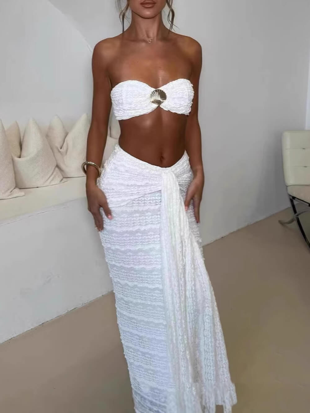 Elegant Strapless Shell-Embellished Top & Ruched Skirt Set White