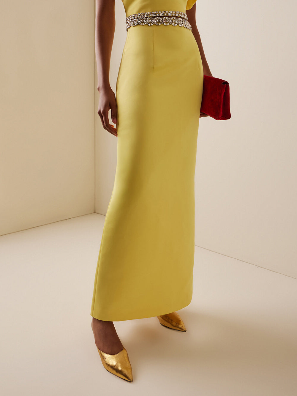 Beautiful Embellished Satin Maxi Skirt Yellow