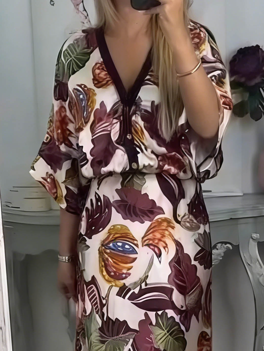 Retro Jungle Palm Leaf Satin Print Skirt Red Top