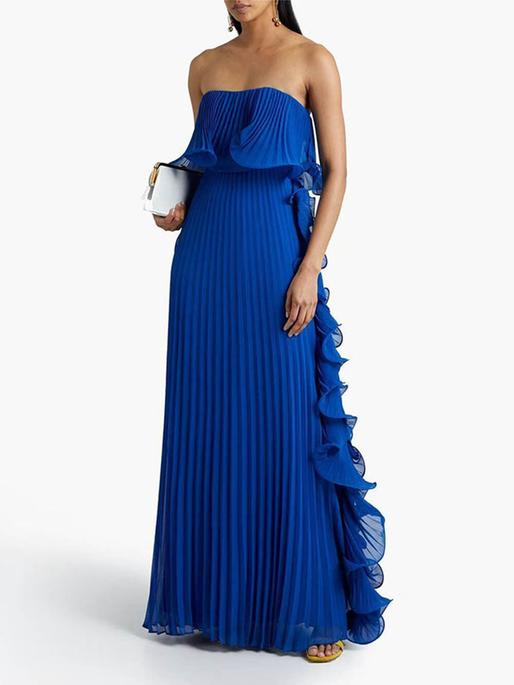 Elegant Chiffon Pleated Wavy Ruffles Trim Strapless Loose Maxi Dress Blue