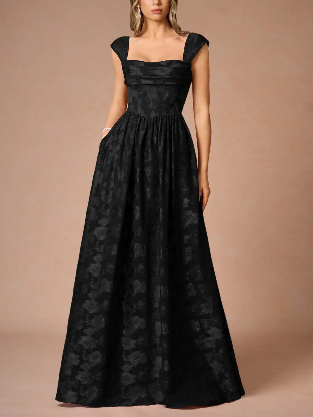 Elegant Drape Neck Floral A-Line Maxi Dress Black