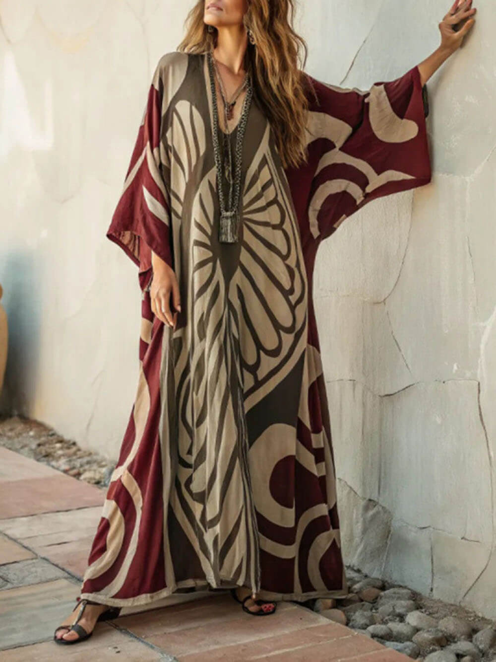 Bohemian Pattern Print Off-Shoulder Half Sleeve Kimono Maxi Dress Multicolor