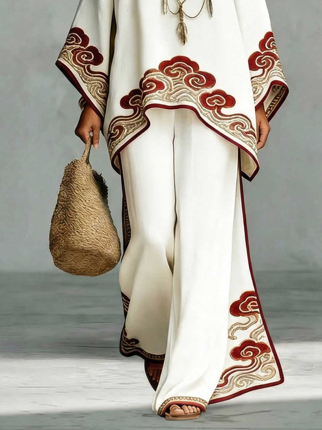 Elegant Satin Cloud Print Loose Kaftan Top & Pants Two-Piece Set