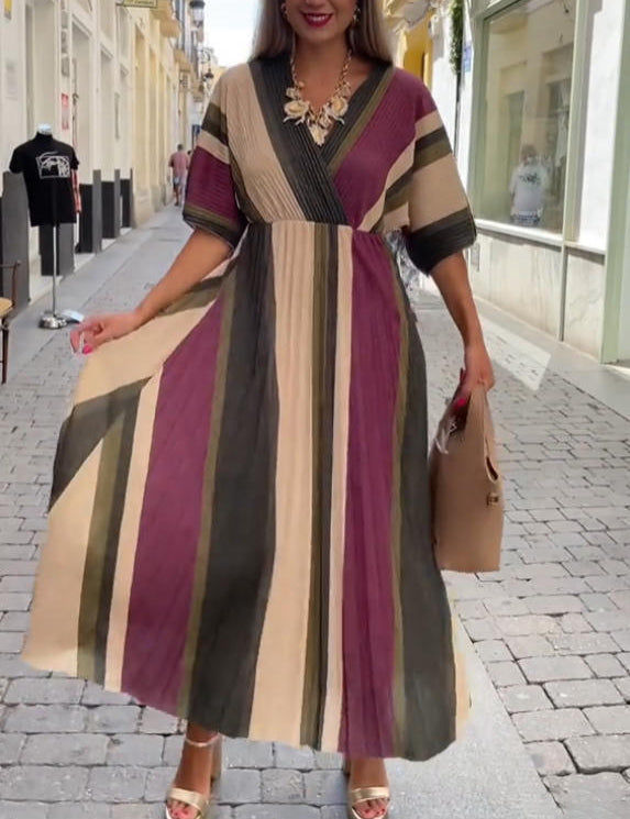Elegant Irregular Stripe Print Pleated Maxi Dress Rose Red