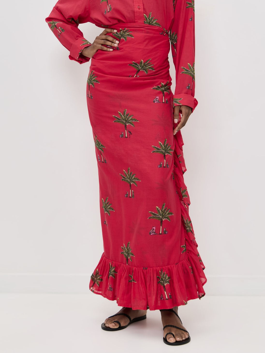 Casual Printed Button-Up Shirt Red Skirt