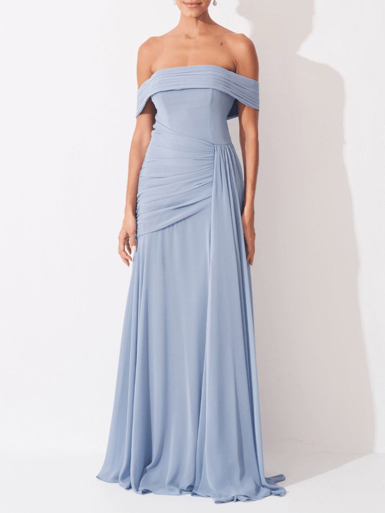 Elegant Off Shoulder Ruched Chiffon Maxi Dress Light Blue