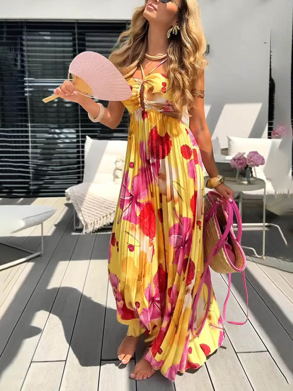 Beautiful Summer Print Ruched Ruffle Backless Tie Maxi Dress Pink