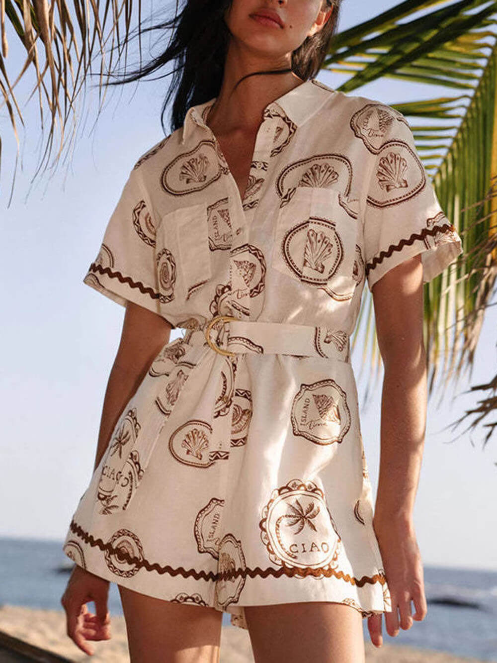 Elegant Lace-Up Linen Shell Print Cardigan Jumpsuit Apricot