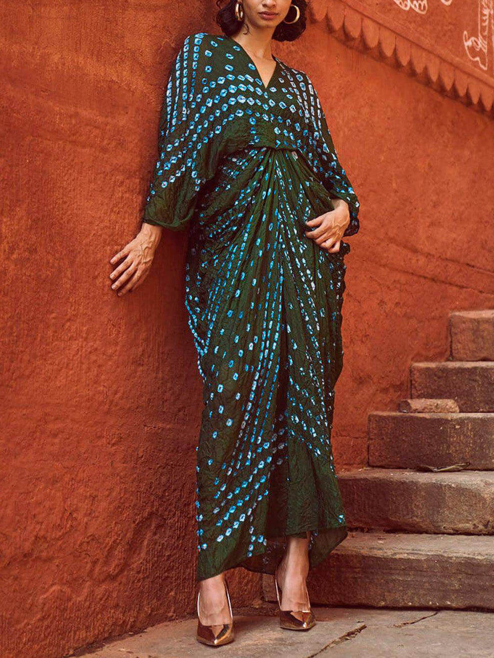 Kimono Tie-Dye Print V-Neck Pleated Robe Maxi Dress Green