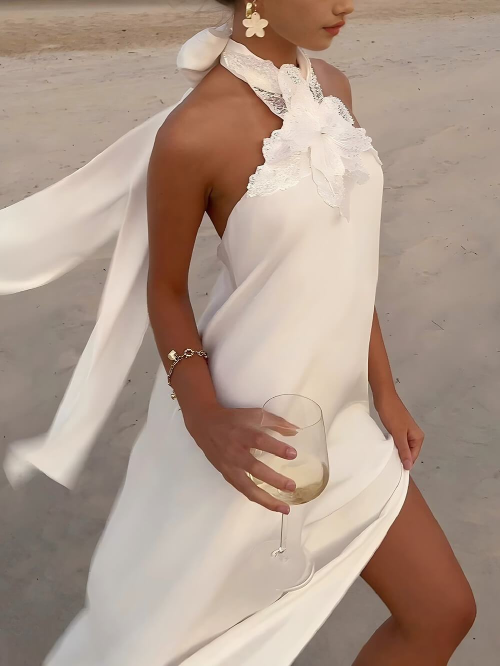 Retro Floral Crochet Satin Halter Backless Tie Maxi Dress White