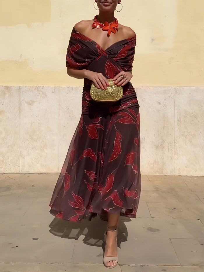 Elegant Off-Shoulder Ruched Leaf Print Maxi Dress Brown