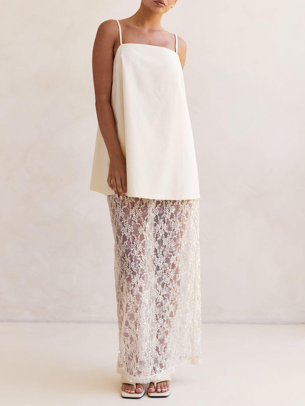 Elegant Off-Shoulder Strap A-Line Top Sheer Sequin Lace High-Waist Maxi Skirt Set