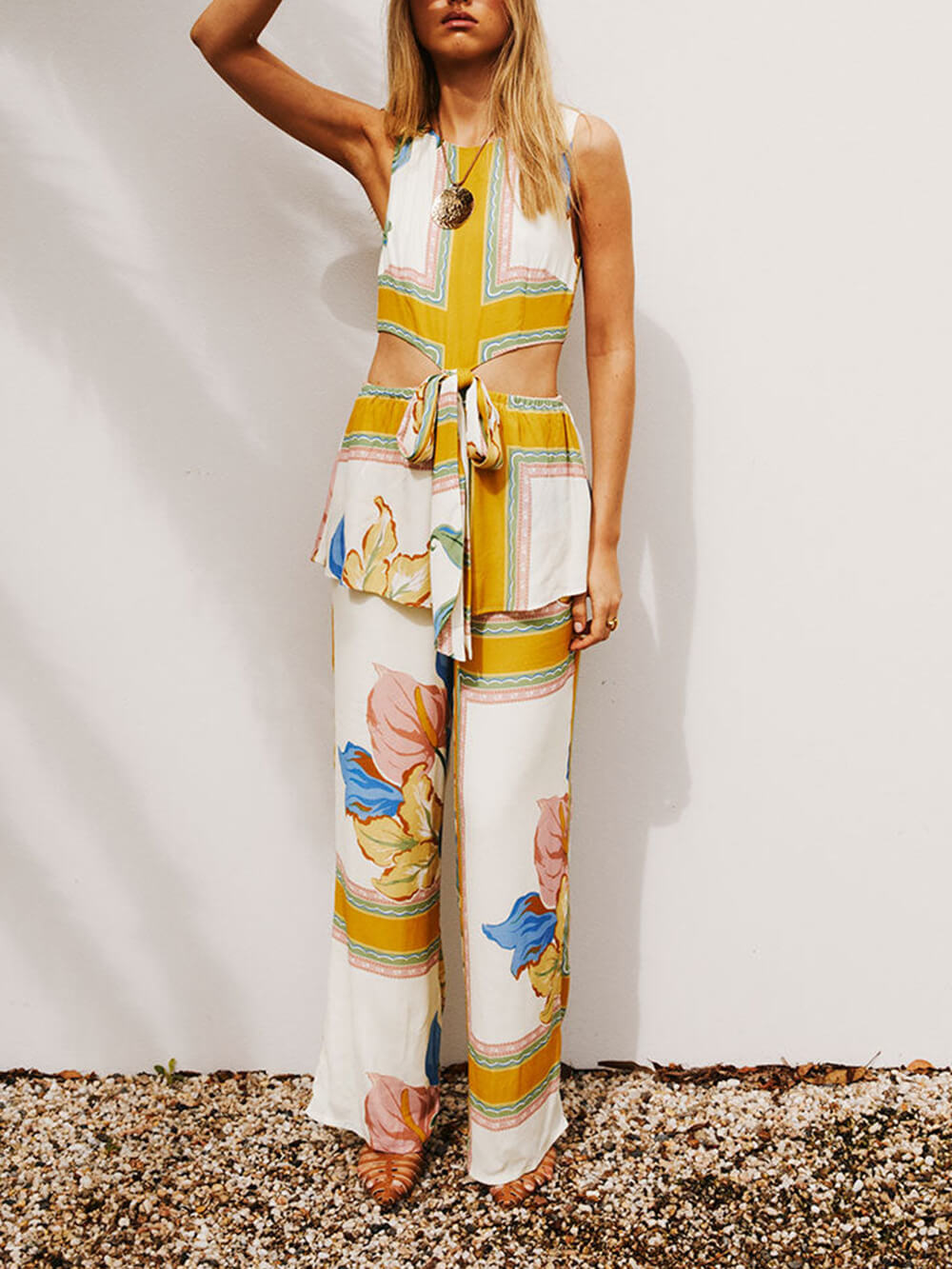 Fashionable Printed Patchwork Lace-Up Jumpsuit Yellow