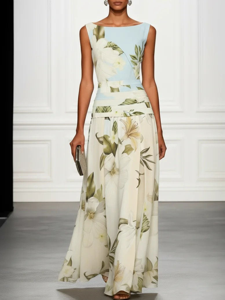 Fresh Sleeveless Boat Neck Printed Party Maxi Dress Beige