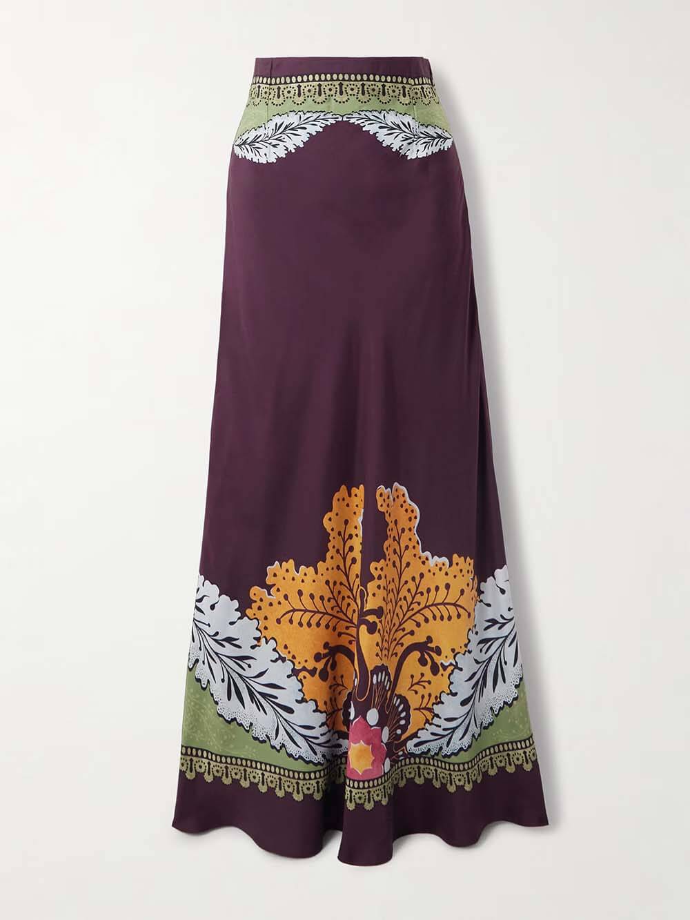 Retro Ethnic Print Satin Twill Maxi Skirt