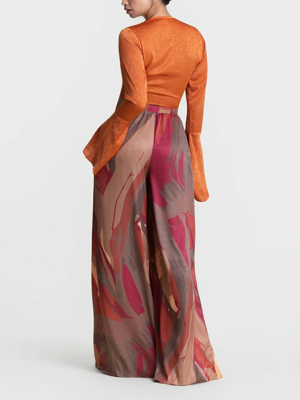 Casual Bell-Sleeve Tie-Up Top with Colorful Print High-Waisted Wide-Leg Pants Set