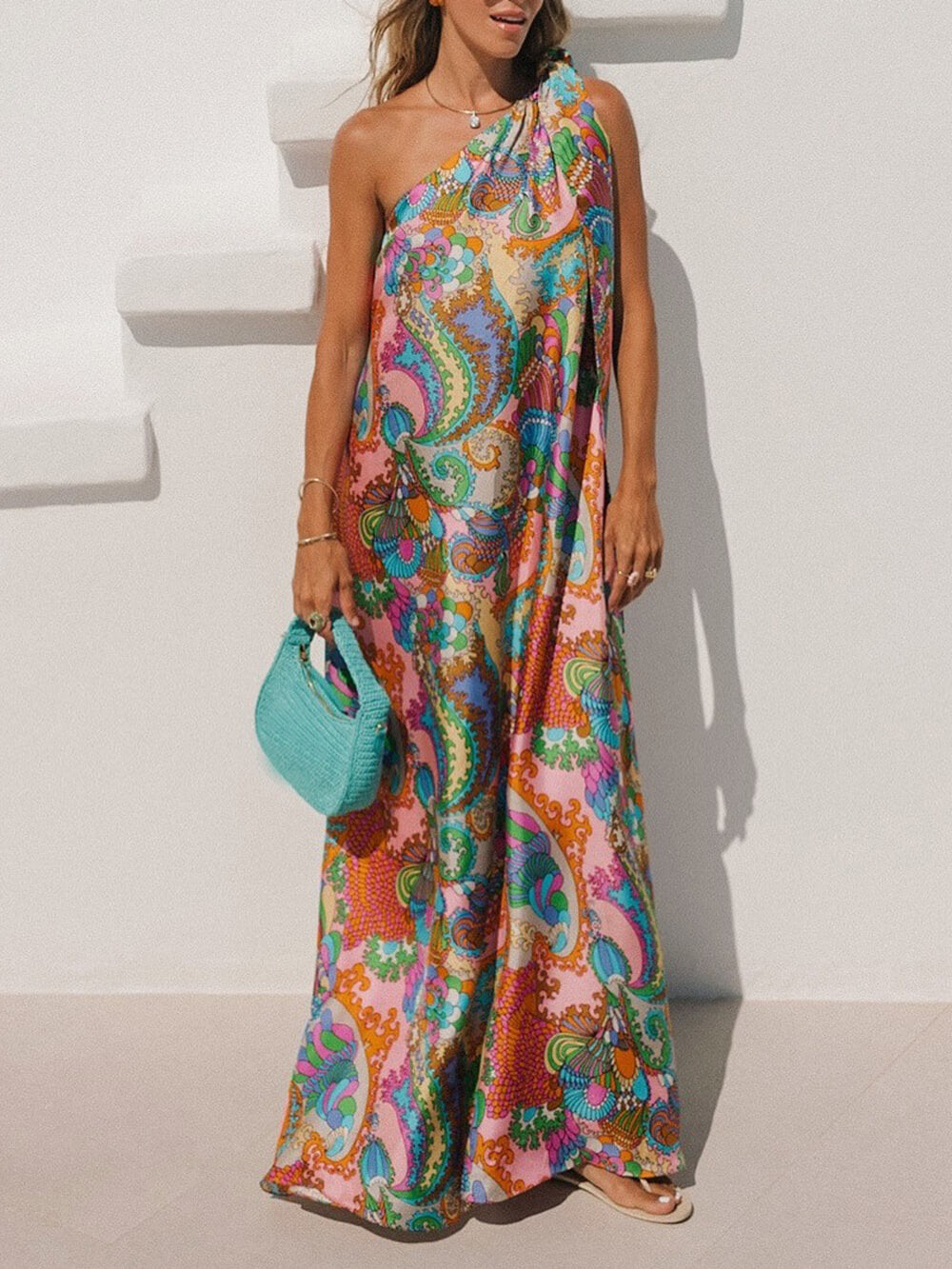 Elegant Breeze Satin Unique Print Bow One Shoulder Loose Maxi Dress Multicolor