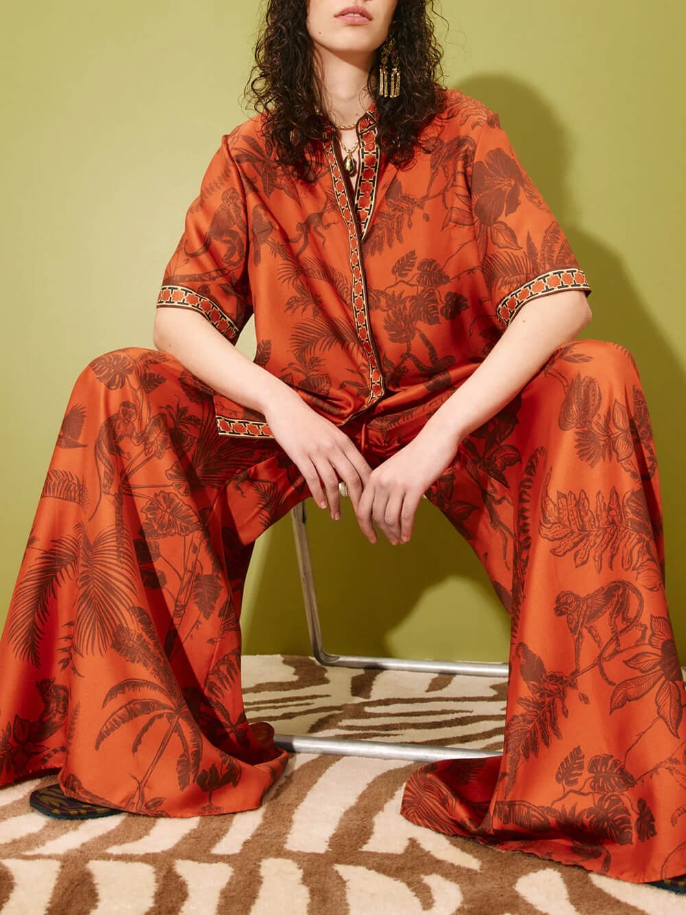 Unique Animal Print Satin Back-Slit Tie-Waist Loose Shirt