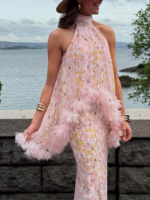 Elegant Floral Print Halterneck Cape Chiffon Top Pink