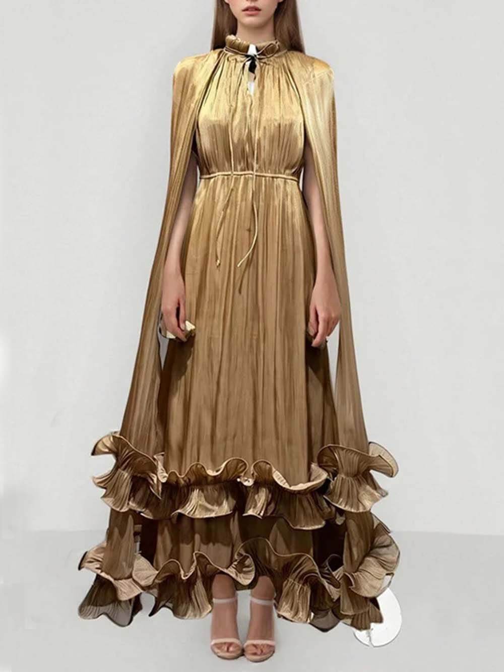 Exquisite Fashionable V-neck Lace-up Ruffled Double-layer Hem Maxi Dress Brown