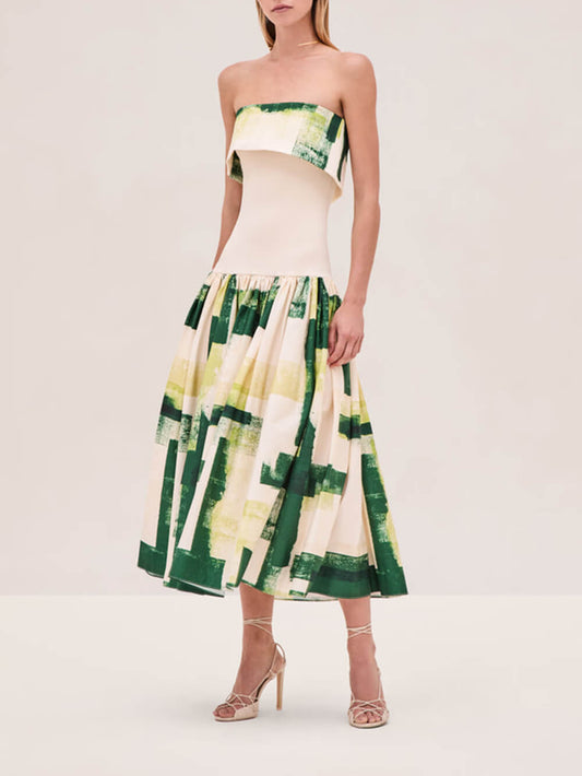 Elegant Printed Strapless Ribbed Bodycon Midi Dress