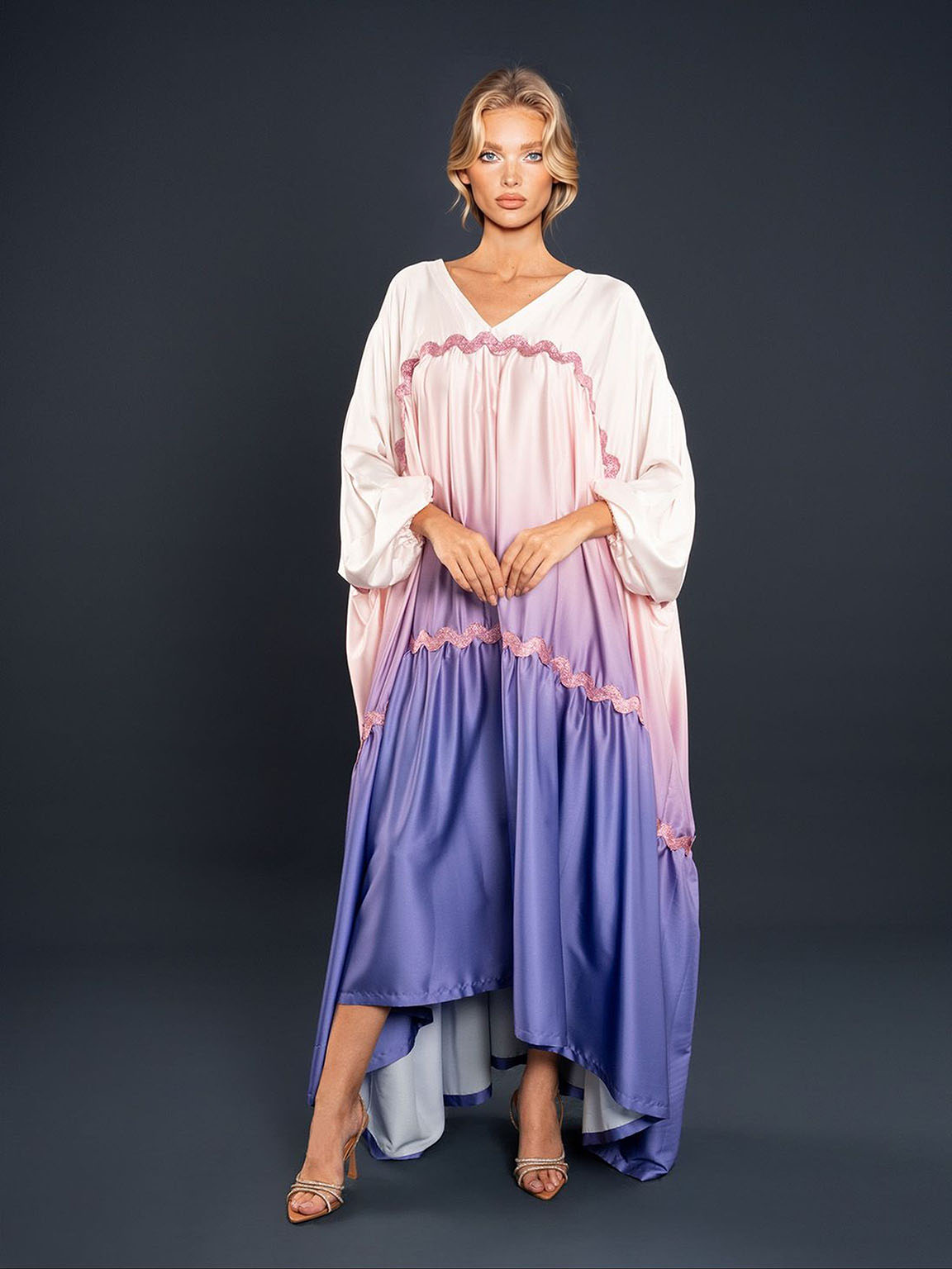 Elegant Satin Gradient Print Maxi Dress Purple