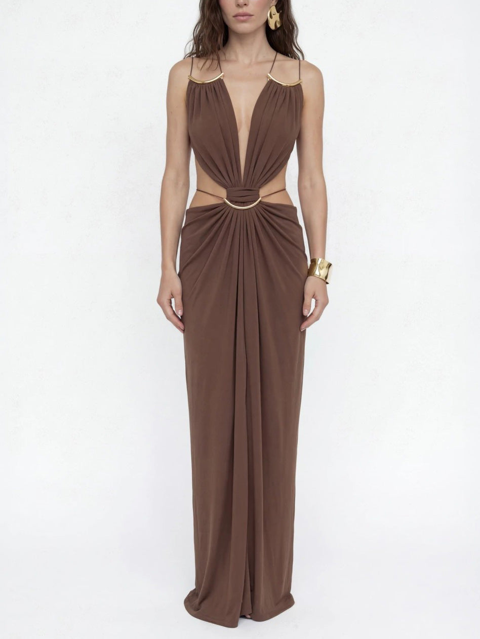 Sexy Metal Chain Cut-Out Backless Lace-Up Draped Maxi Dress Brown