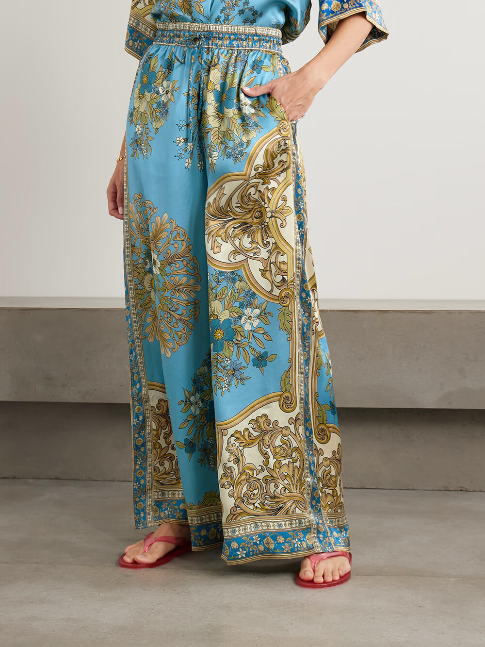 Unique Casual Floral Print Satin Elastic-Waist Pockets Wide-Leg Pants Blue