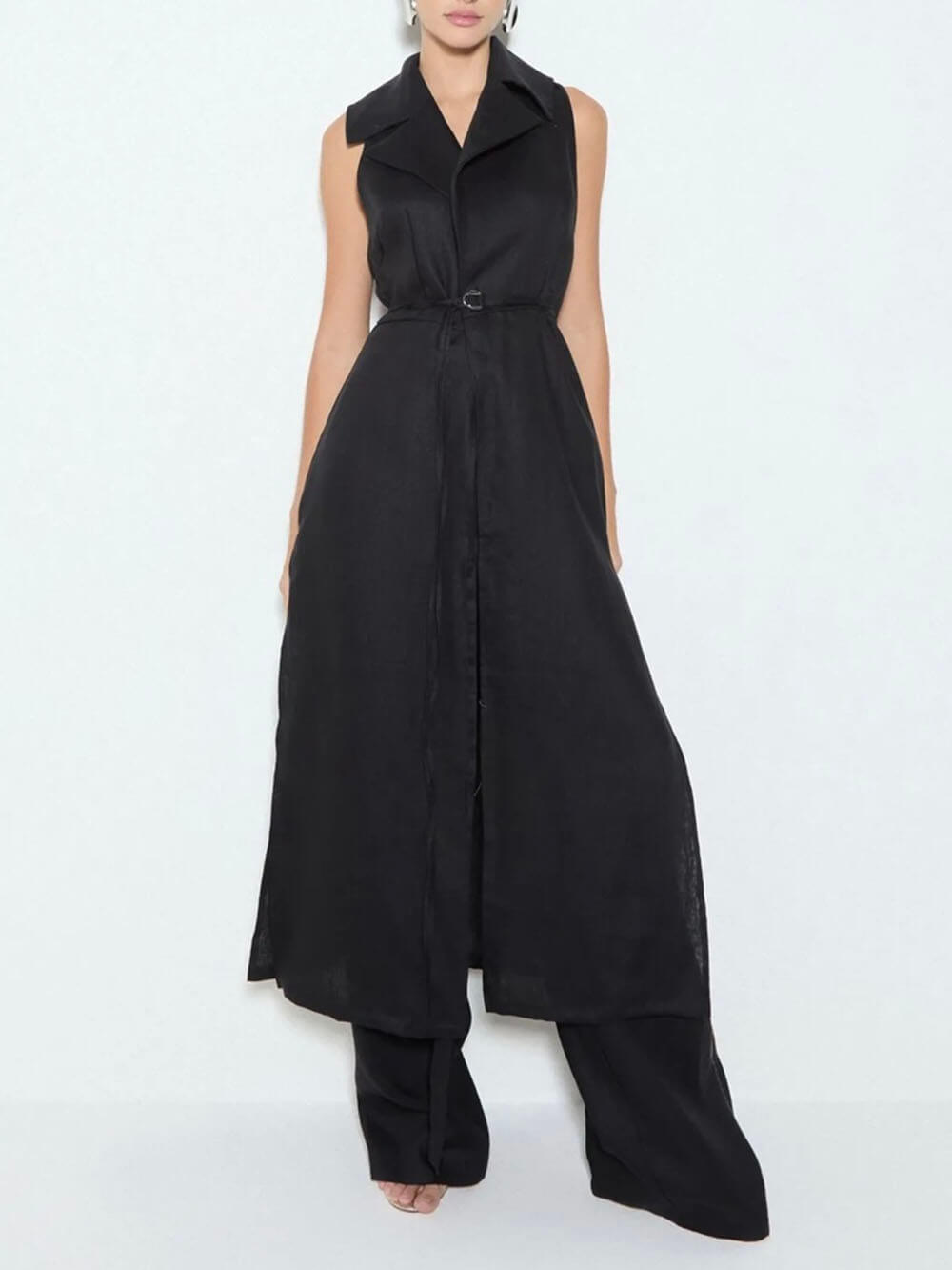 Exquisite Savina Linen Blend Lapel Midi Vest Tops Black