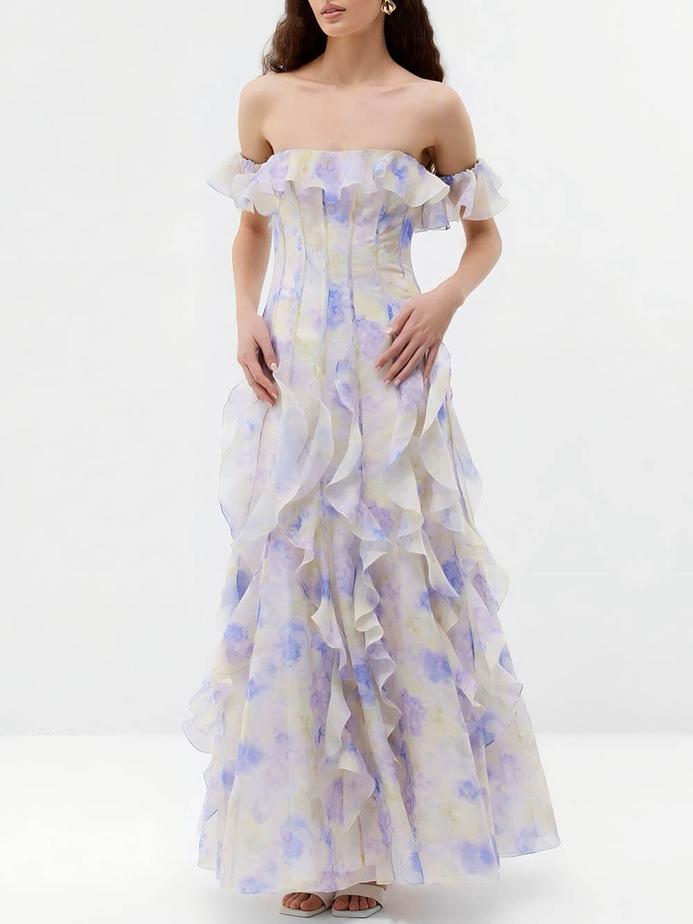 Casual Vacation-Style Strappy Floral Ruffle Maxi Dress White