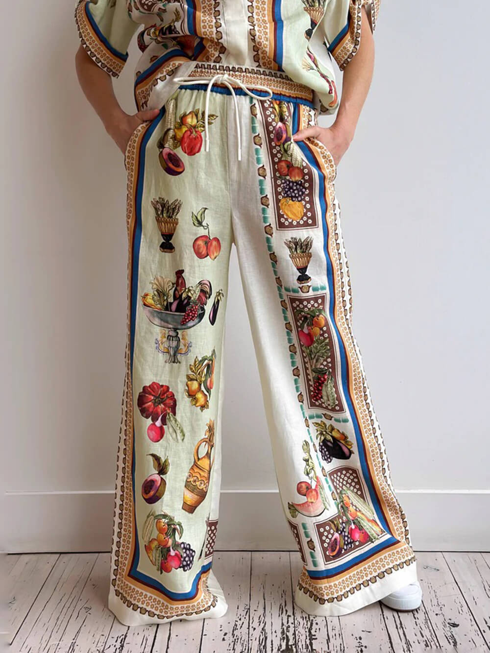 Unique Tropical Luxe Satin Fruit Print Loose Elastic Waist Wide-Leg Pants Multicolor