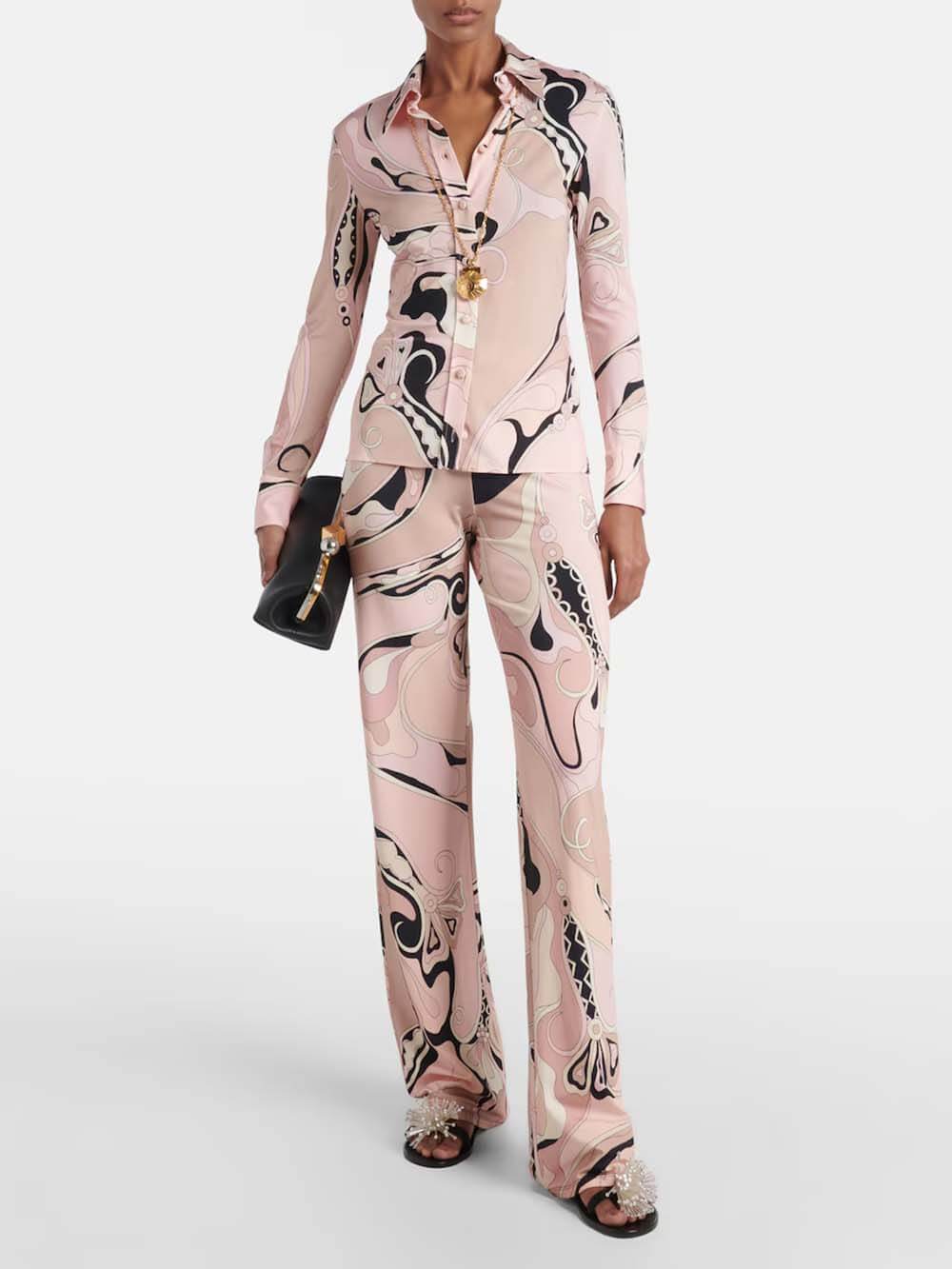 Unique Floral Print Fitted Button Shirt & Elastic Waist Straight-Leg Pants Set Pink Set