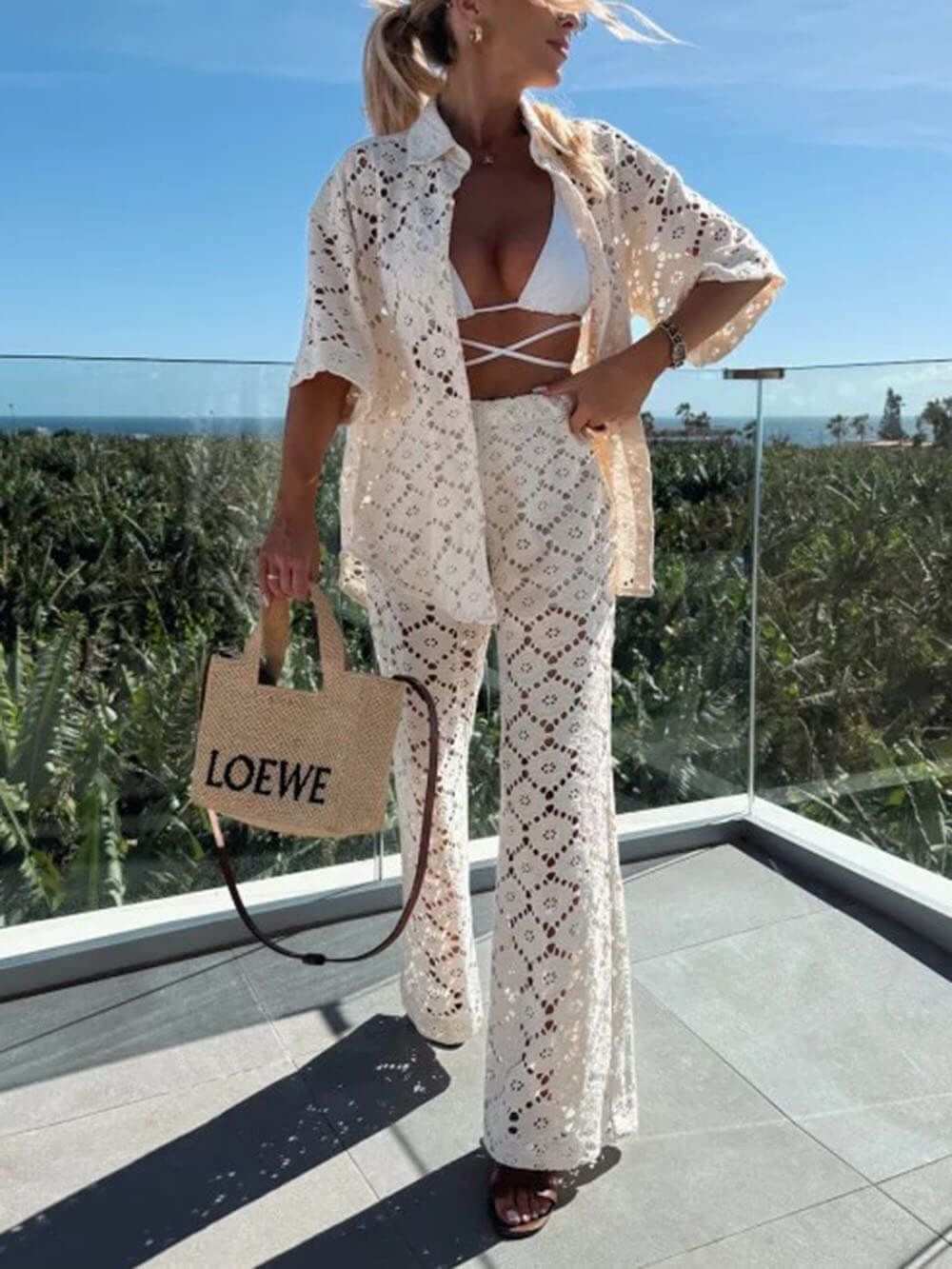 Classic Holiday Crochet Flowers Lace Short Sleeve Shirt and Elastic Waist Wide Leg Pants Set White