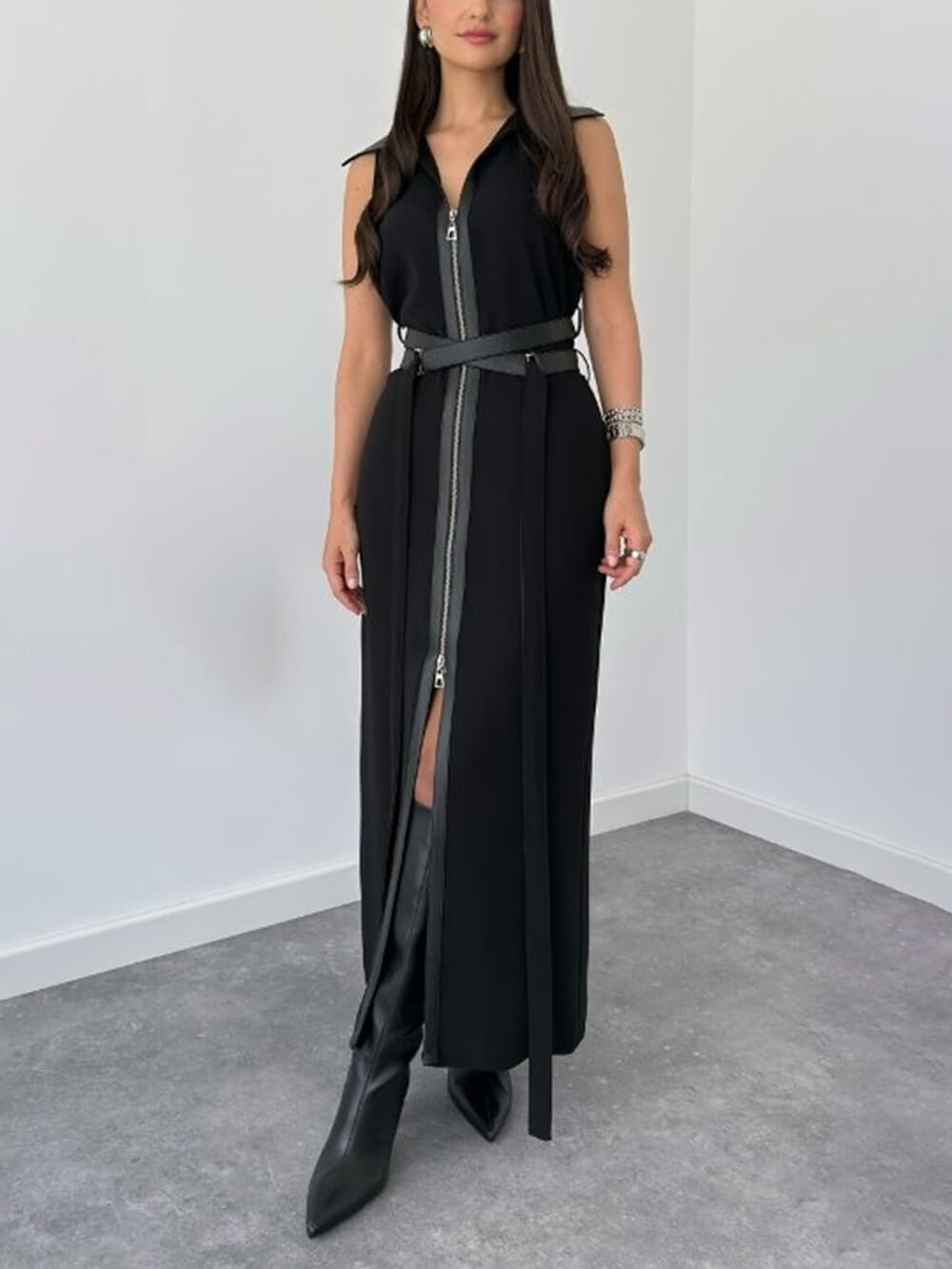 Retro Fashion Black Lace-up Zipper Maxi Dress Black